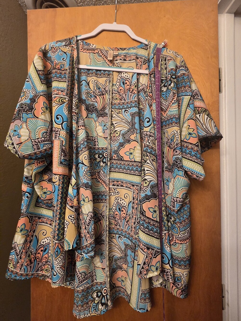 Rhonda Shear Paisley Patchwork Kimono in Blue, Peach & Cream